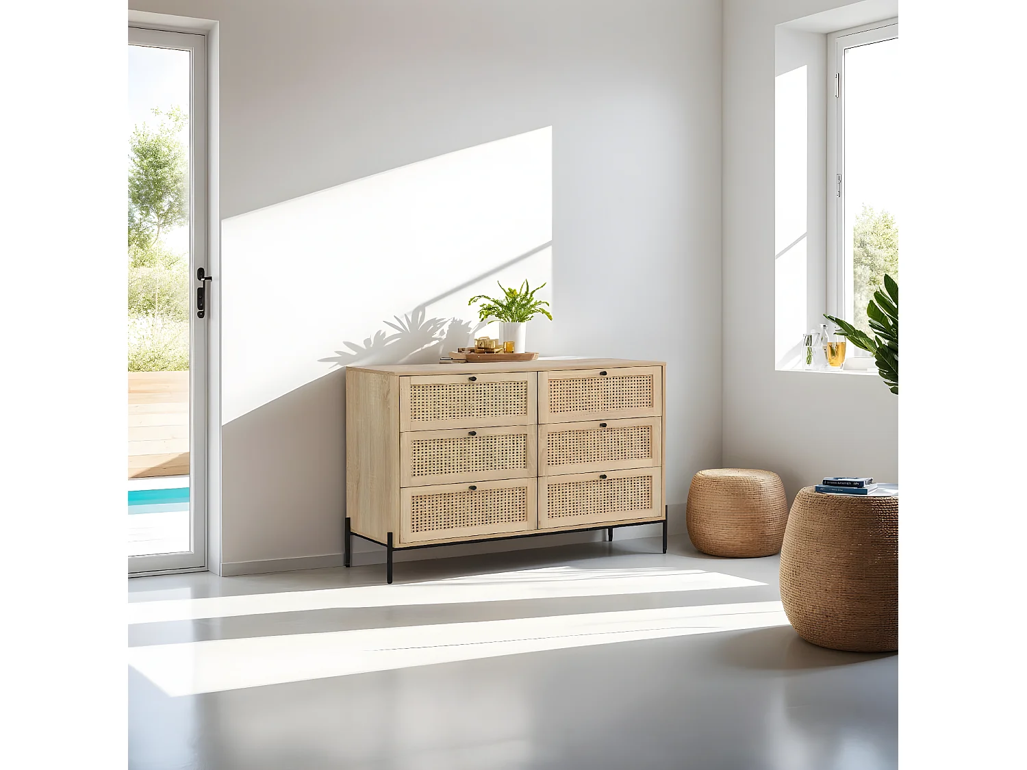 Commode 6 tiroirs en cannage naturel et effet chêne 120 cm - Iris