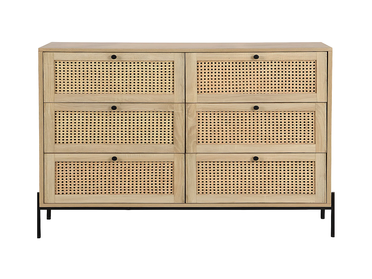 Commode 6 tiroirs en cannage naturel et effet chêne 120 cm - Iris