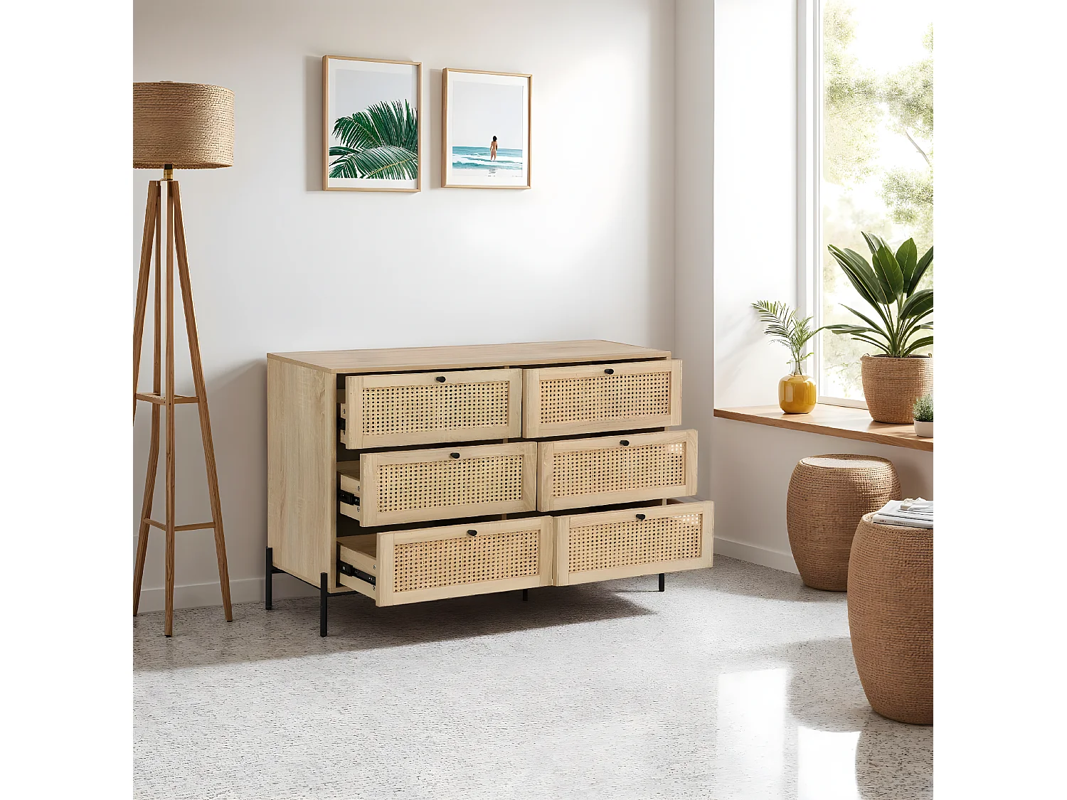 Commode 6 tiroirs en cannage naturel et effet chêne 120 cm - Iris