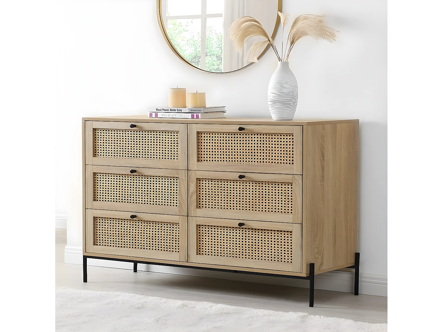 Commode 6 tiroirs en cannage naturel et effet chêne 120 cm - Iris