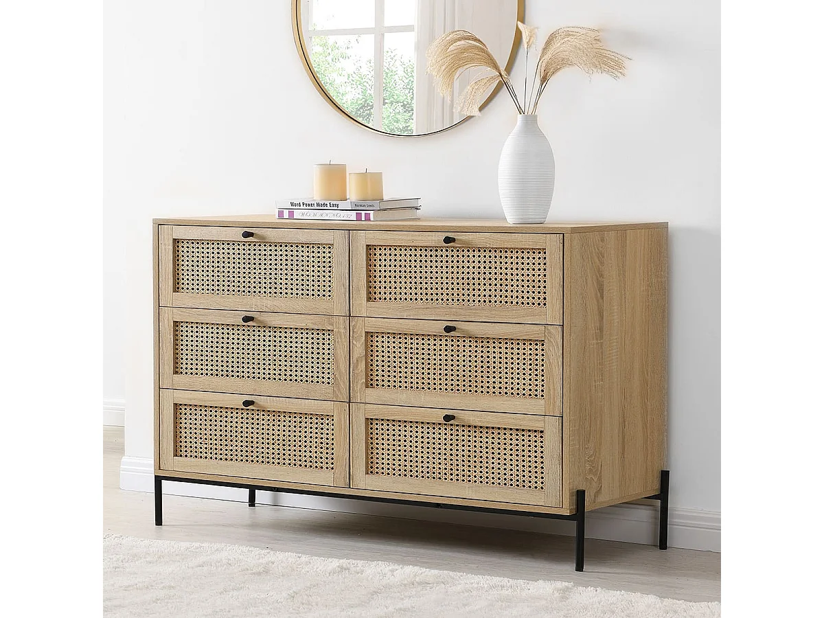 Commode 6 tiroirs en cannage naturel et effet chêne 120 cm - Iris
