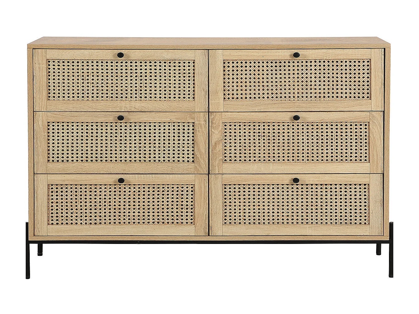 Commode 6 tiroirs en cannage naturel et effet chêne 120 cm - Iris