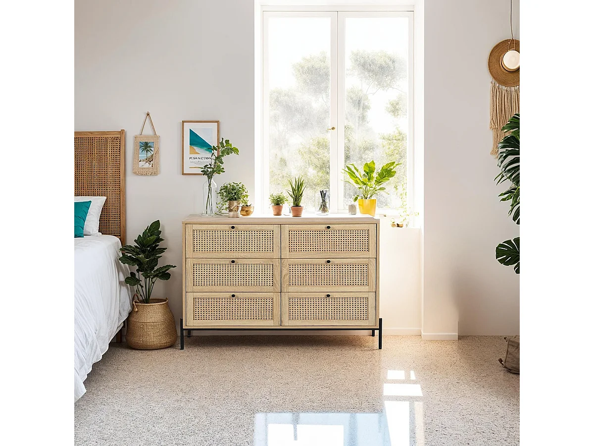 Commode 6 tiroirs en cannage naturel et effet chêne 120 cm - Iris