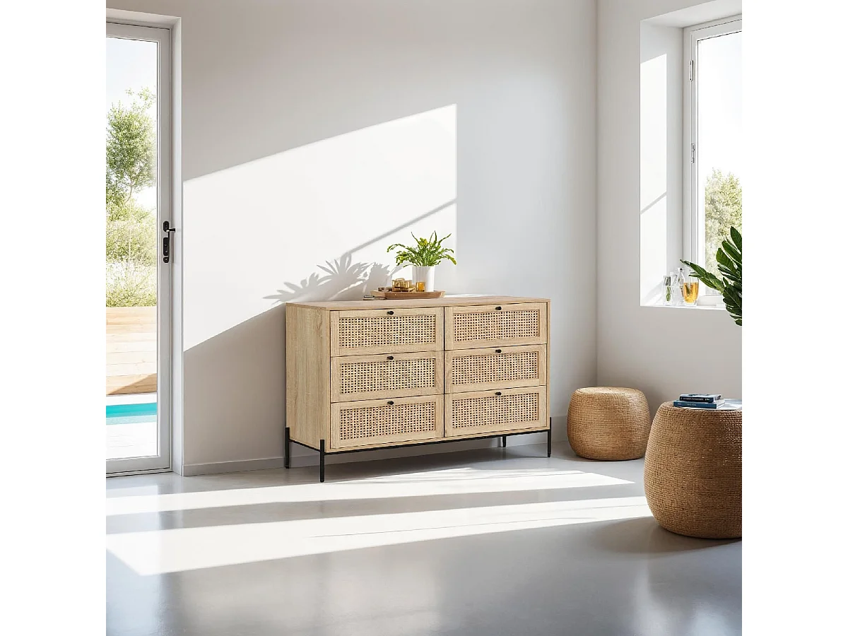 Commode 6 tiroirs en cannage naturel et effet chêne 120 cm - Iris