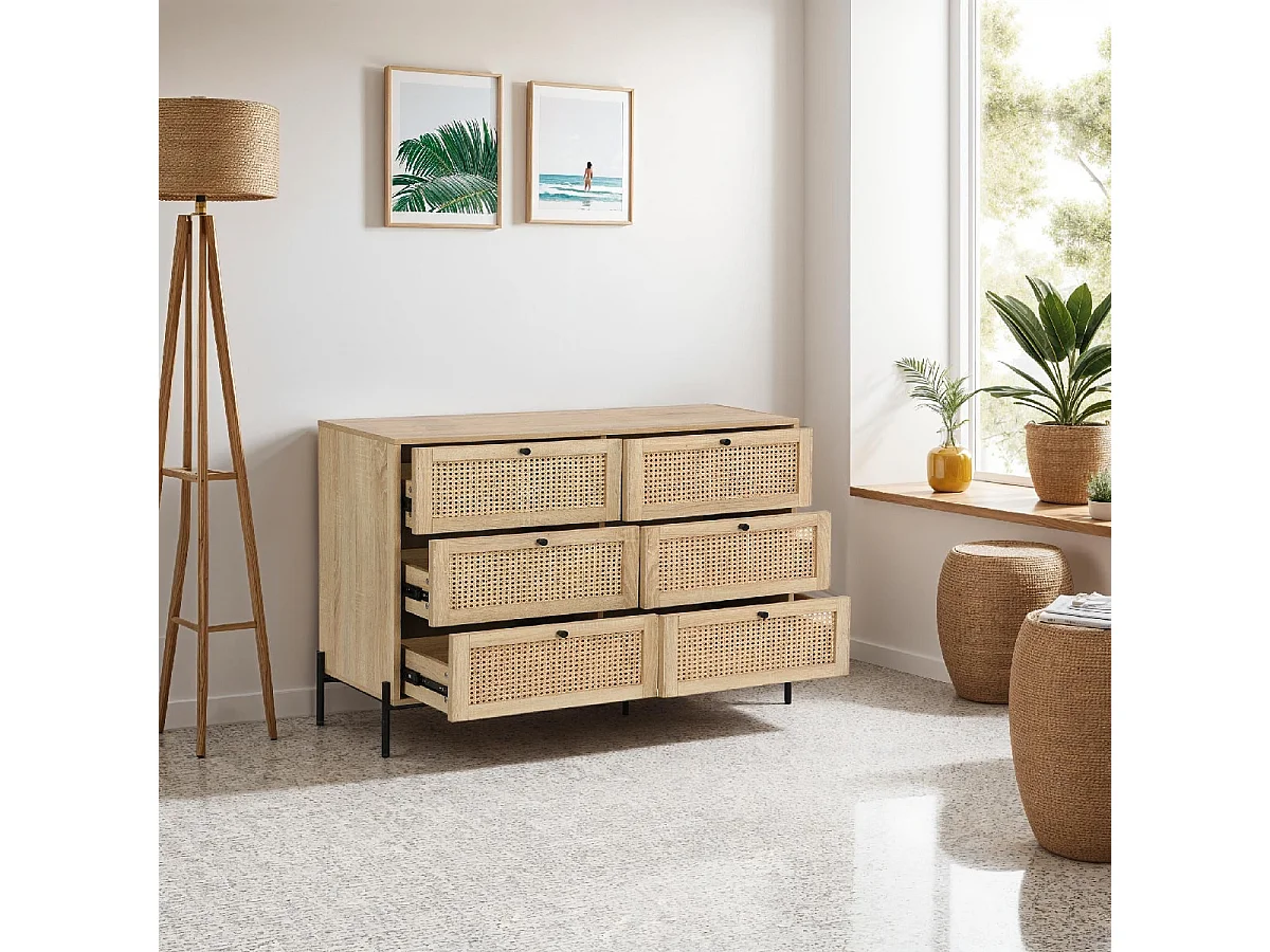 Commode 6 tiroirs en cannage naturel et effet chêne 120 cm - Iris