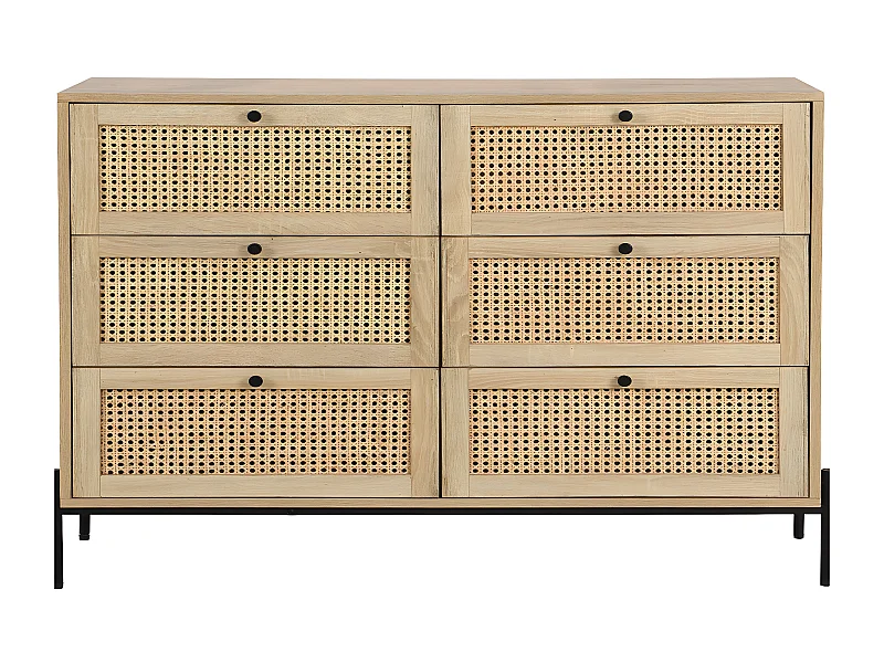 Commode 6 tiroirs en cannage naturel et effet chêne 120 cm - Iris