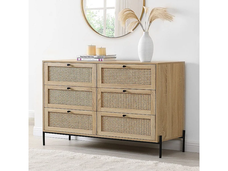Commode 6 tiroirs en cannage naturel et effet chêne 120 cm - Iris