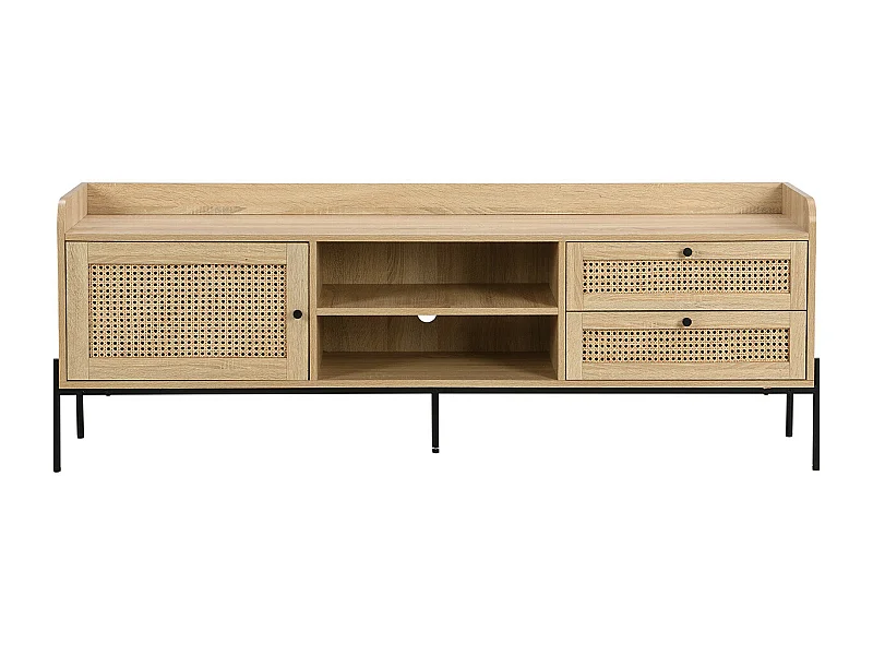 Meuble TV 1 porte 2 tiroirs en cannage naturel et effet chêne 160 cm - Iris