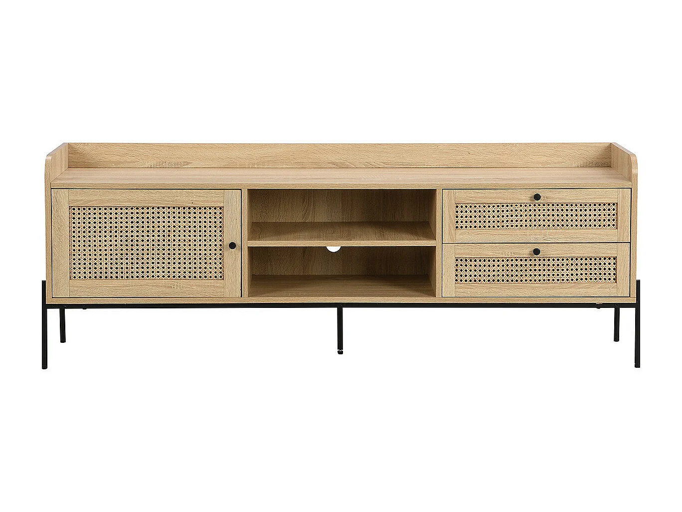 Meuble TV 1 porte 2 tiroirs en cannage naturel et effet chêne 160 cm - Iris