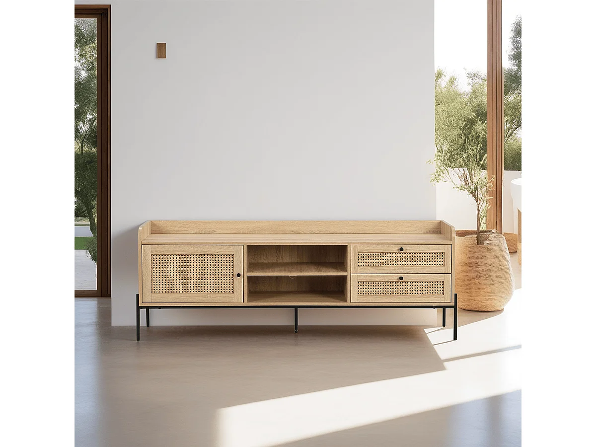 Meuble TV 1 porte 2 tiroirs en cannage naturel et effet chêne 160 cm - Iris