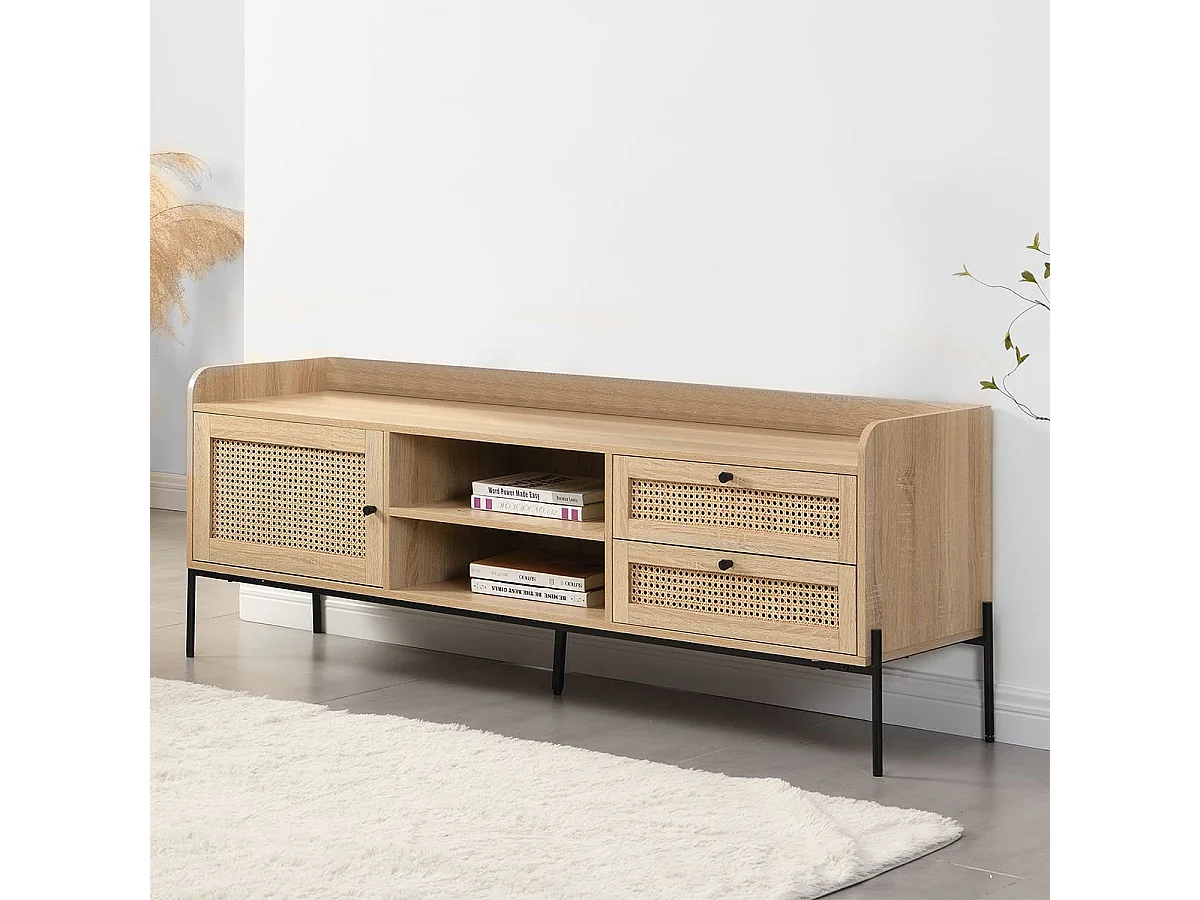 Meuble TV 1 porte 2 tiroirs en cannage naturel et effet chêne 160 cm - Iris