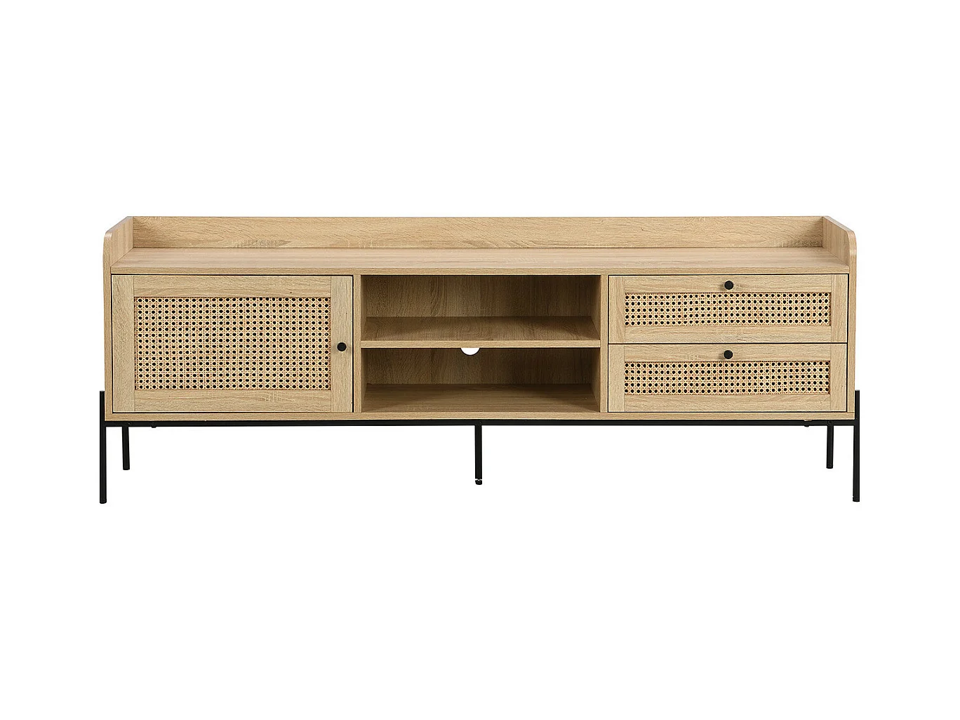 Meuble TV 1 porte 2 tiroirs en cannage naturel et effet chêne 160 cm - Iris