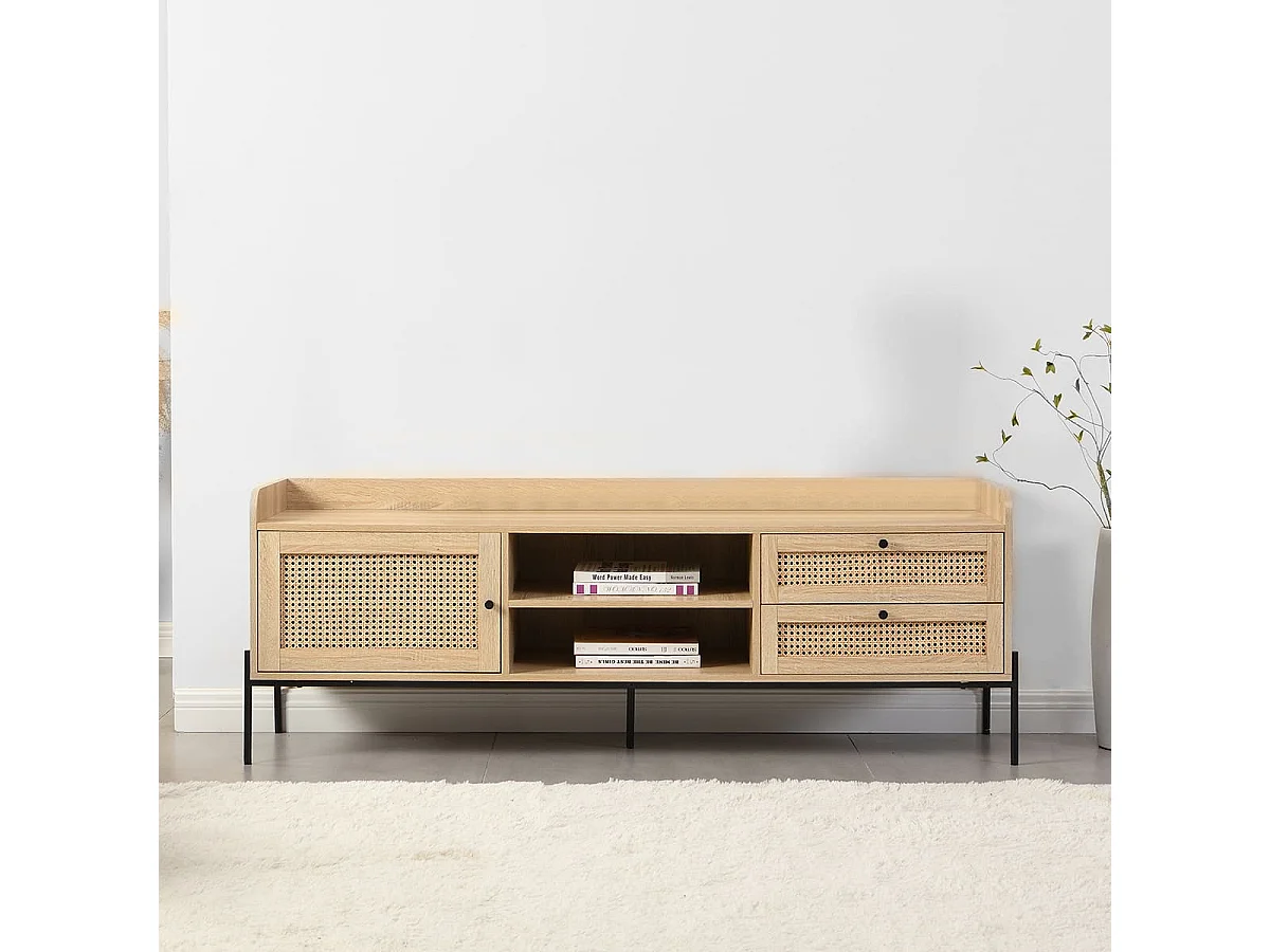 Meuble TV 1 porte 2 tiroirs en cannage naturel et effet chêne 160 cm - Iris