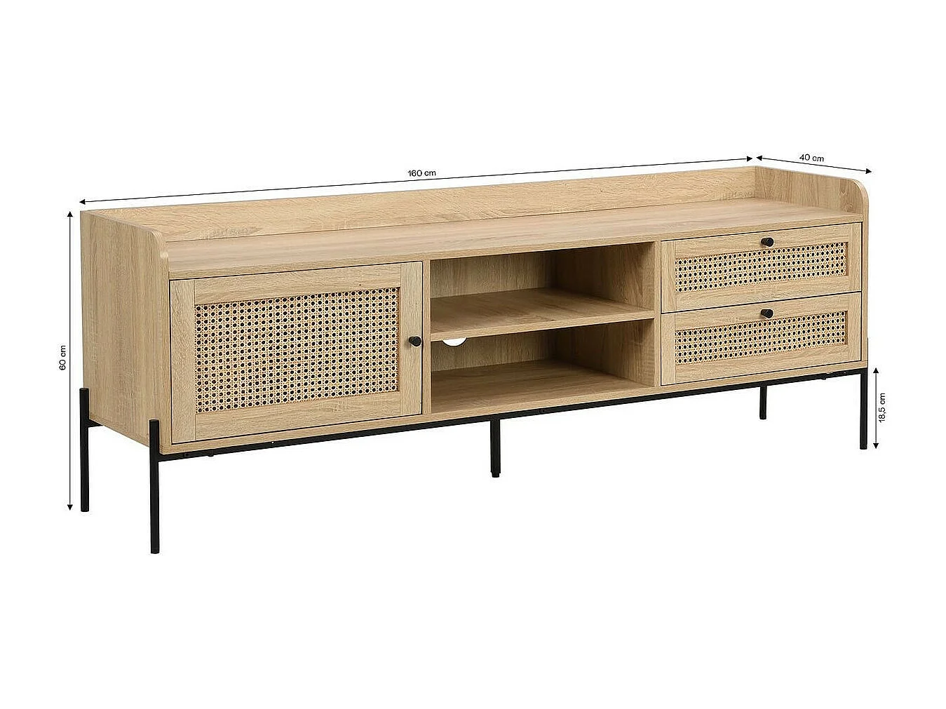 Meuble TV 1 porte 2 tiroirs en cannage naturel et effet chêne 160 cm - Iris