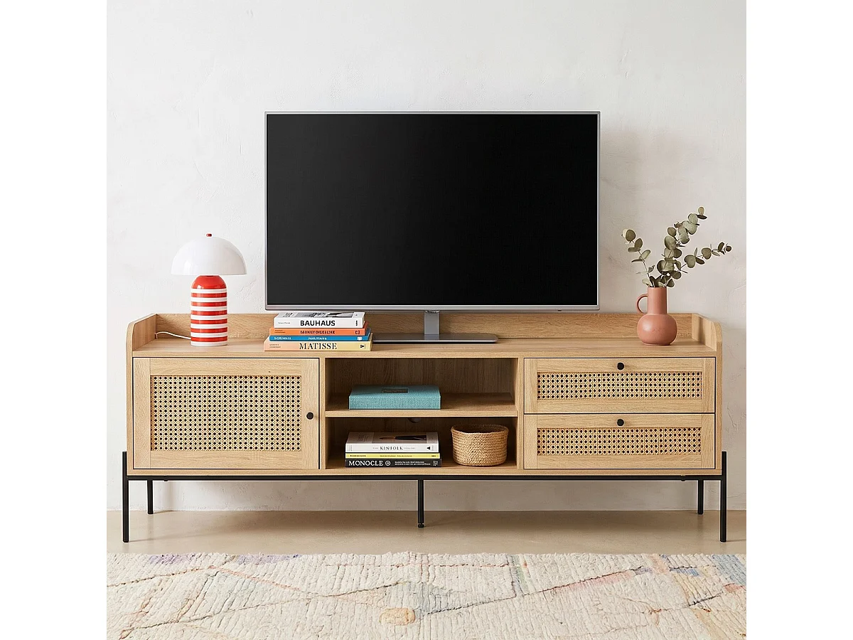 Meuble TV 1 porte 2 tiroirs en cannage naturel et effet chêne 160 cm - Iris