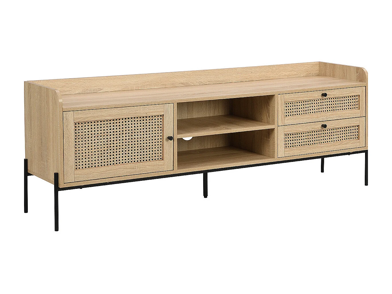 Meuble TV 1 porte 2 tiroirs en cannage naturel et effet chêne 160 cm - Iris