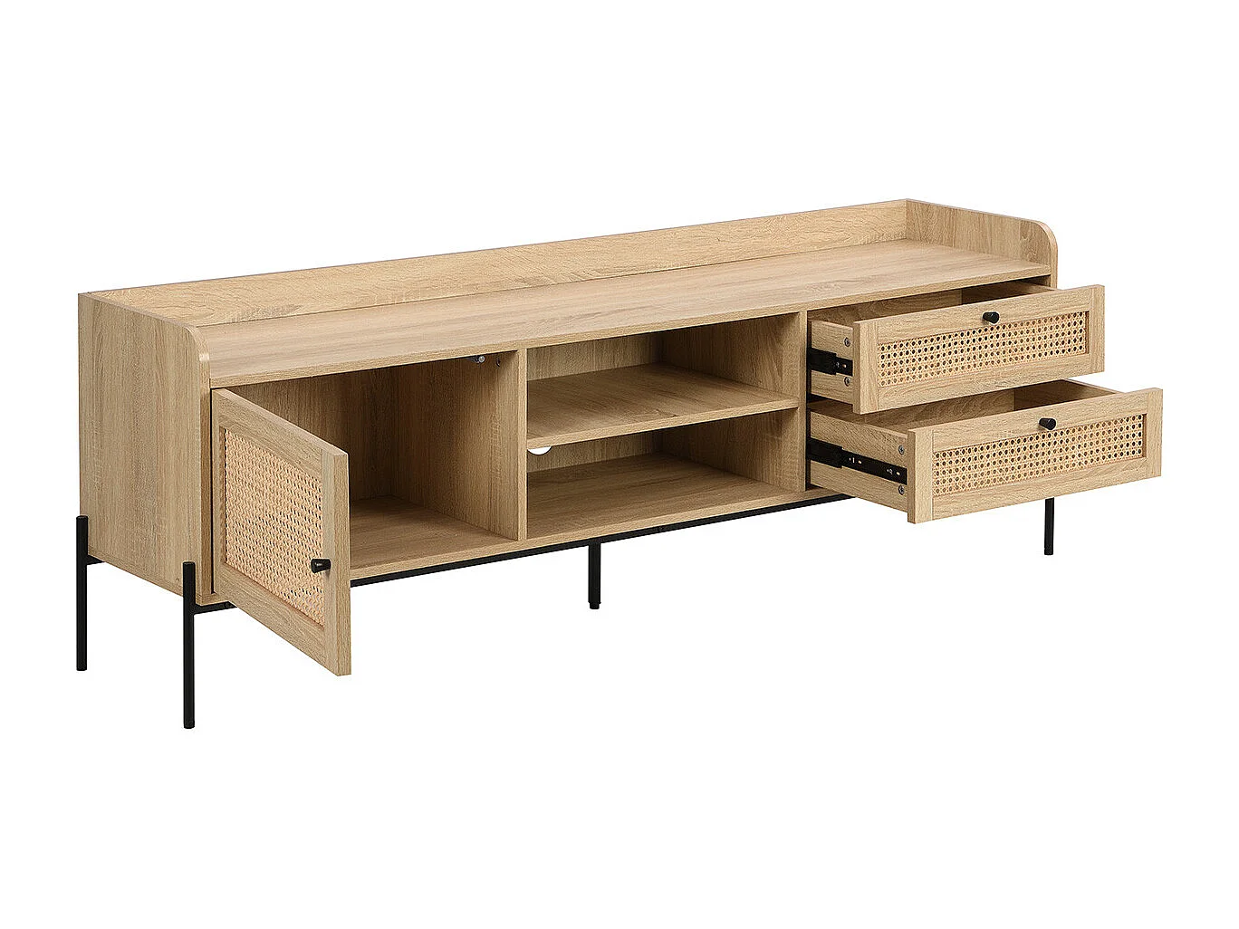 Meuble TV 1 porte 2 tiroirs en cannage naturel et effet chêne 160 cm - Iris