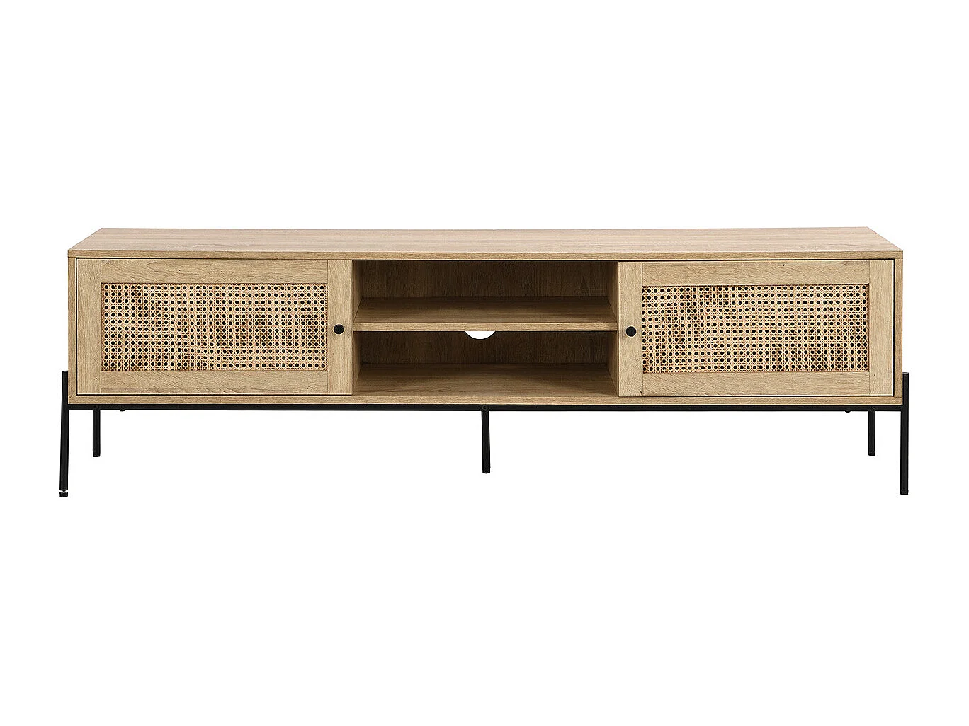 Meuble TV 2 portes en cannage naturel et effet chêne 160 cm - Iris