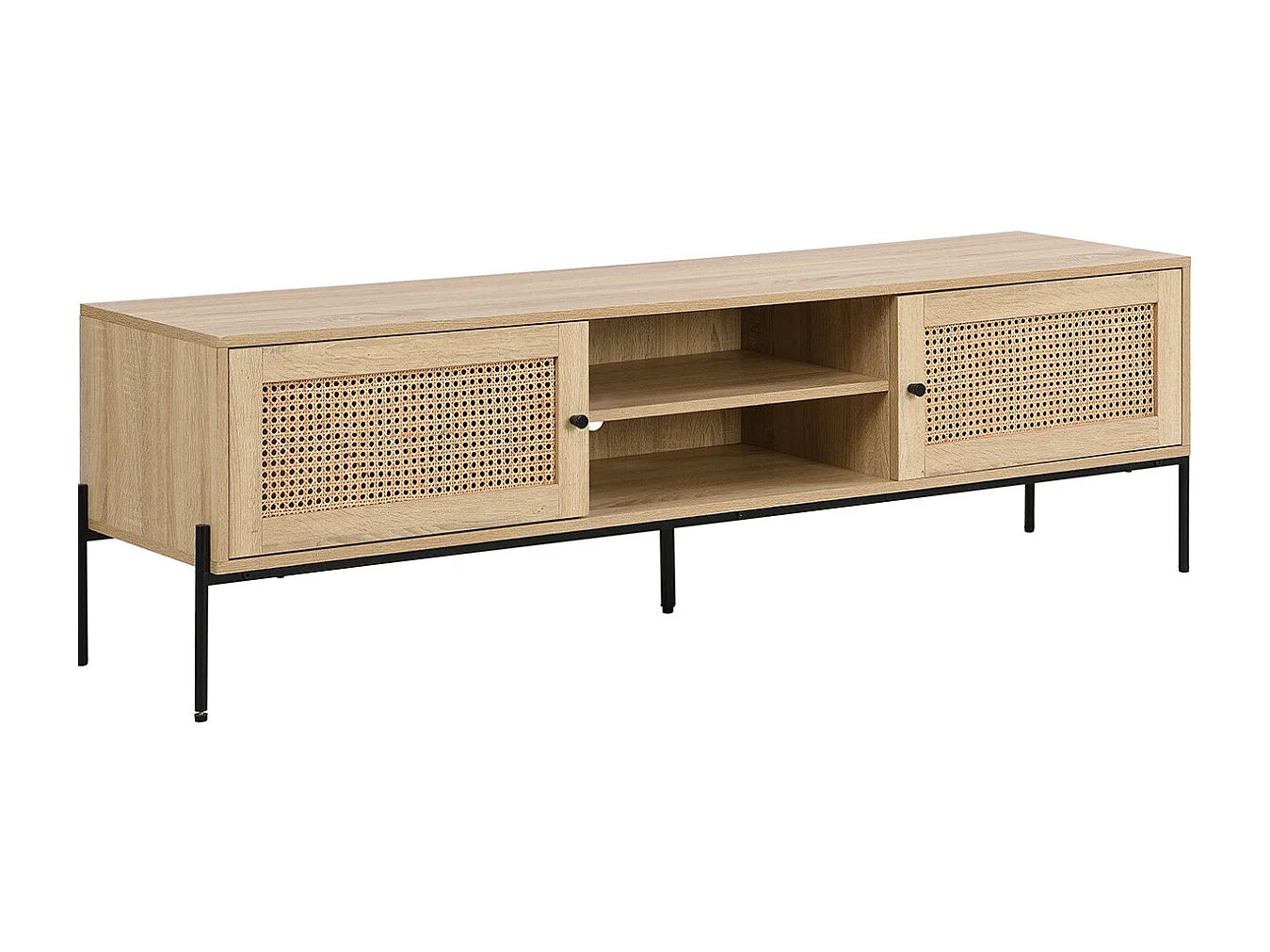 Meuble TV 2 portes en cannage naturel et effet chêne 160 cm - Iris