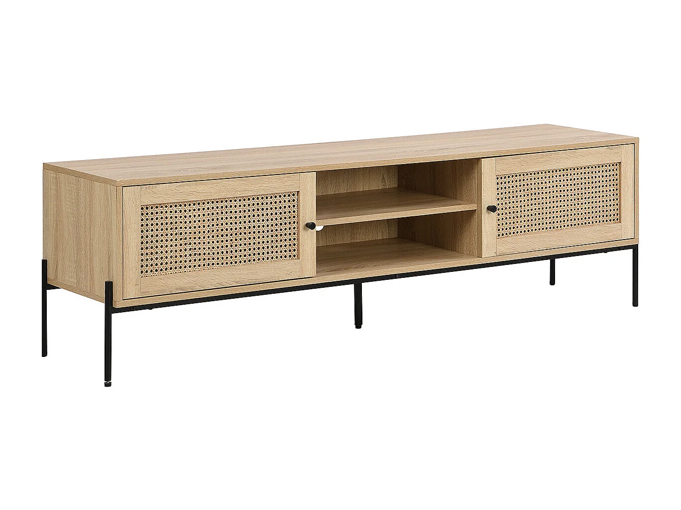 Meuble TV 2 portes en cannage naturel et effet chêne 160 cm - Iris
