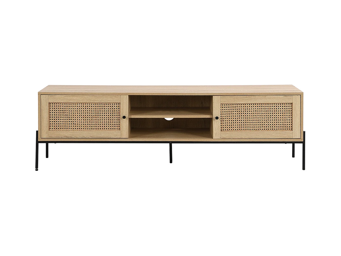 Meuble TV 2 portes en cannage naturel et effet chêne 160 cm - Iris