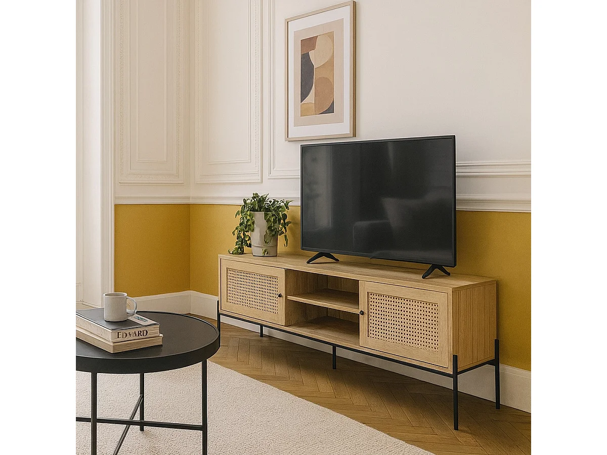 Meuble TV 2 portes en cannage naturel et effet chêne 160 cm - Iris