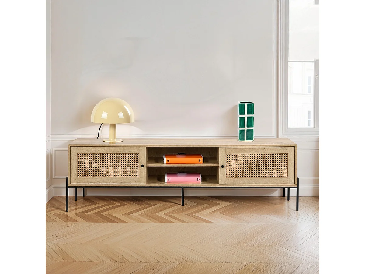 Meuble TV 2 portes en cannage naturel et effet chêne 160 cm - Iris