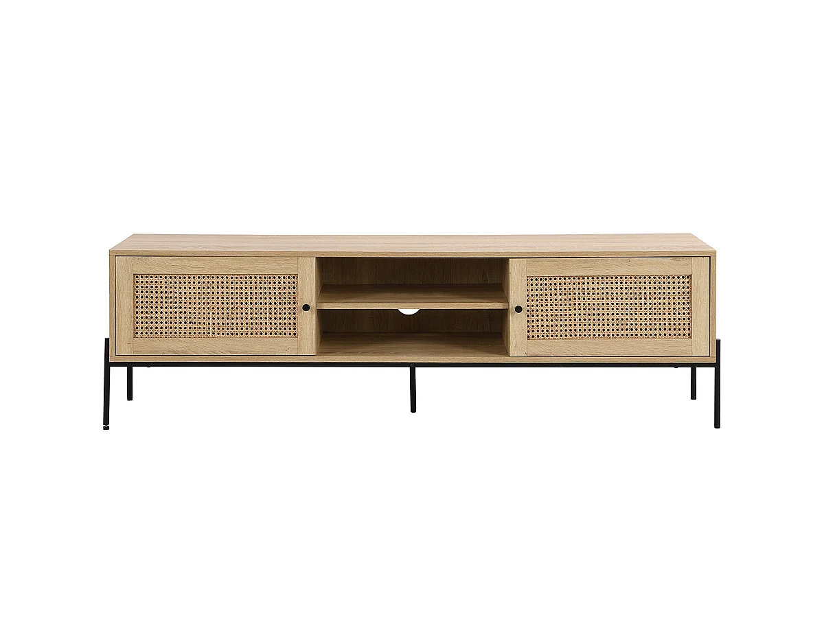 Meuble TV 2 portes en cannage naturel et effet chêne 160 cm - Iris