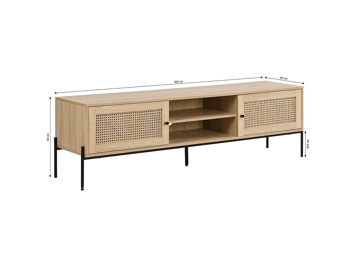 Meuble TV 2 portes en cannage naturel et effet chêne 160 cm - Iris