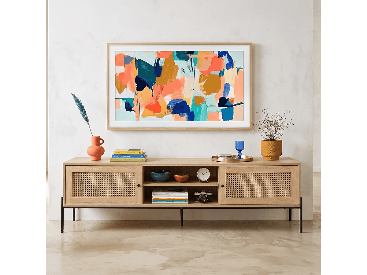 Meuble TV 2 portes en cannage naturel et effet chêne 160 cm - Iris
