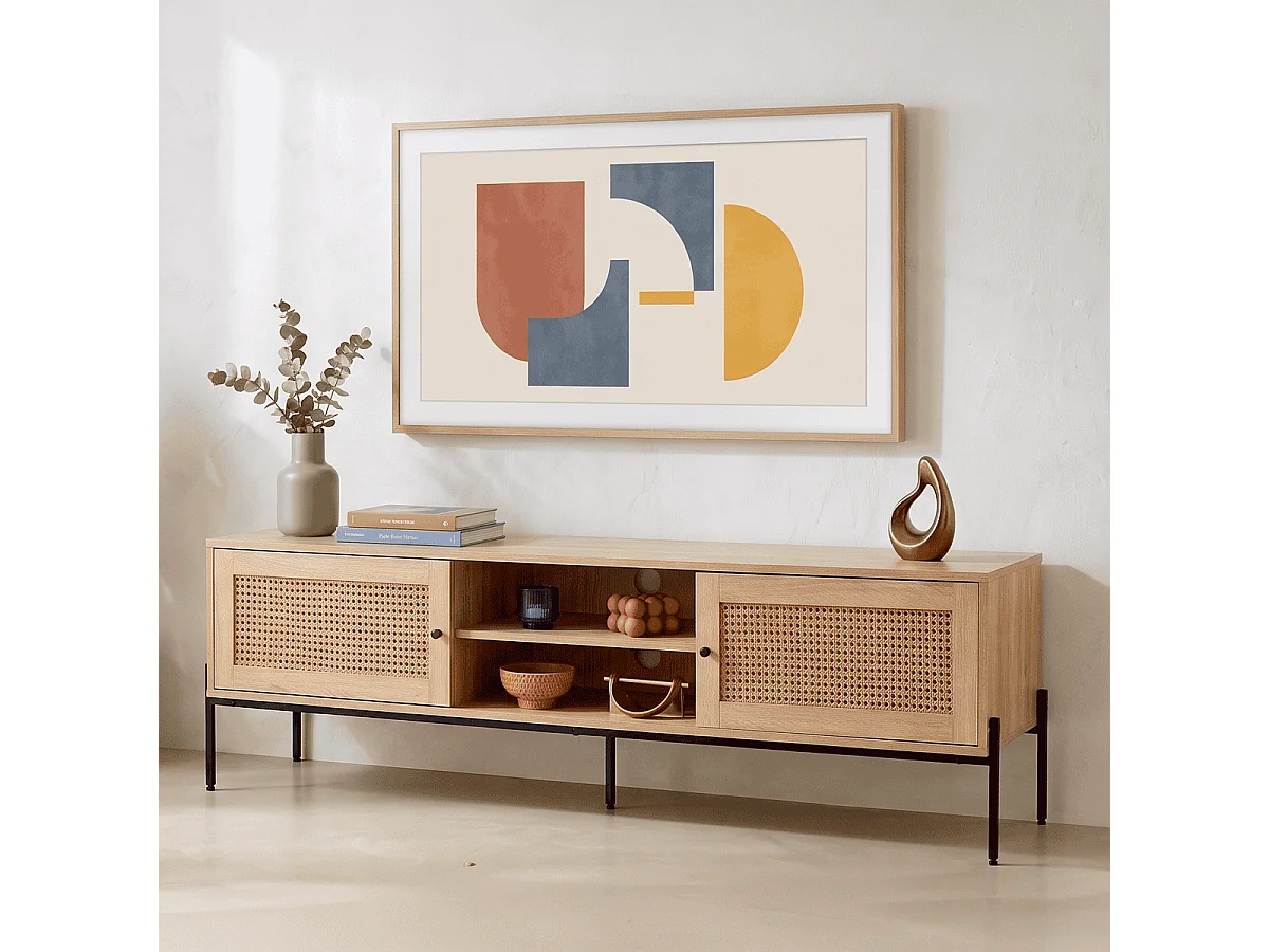 Meuble TV 2 portes en cannage naturel et effet chêne 160 cm - Iris