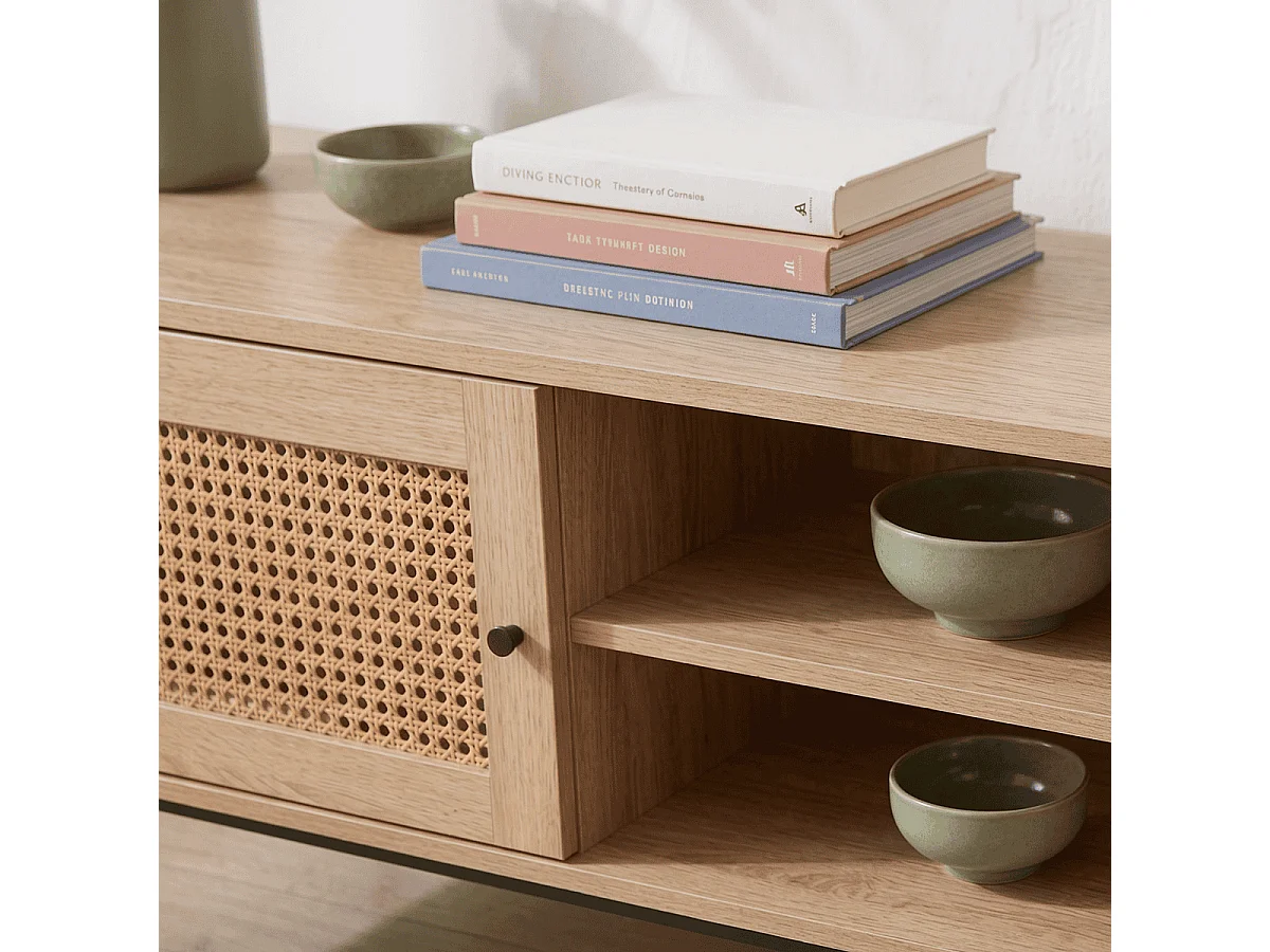 Meuble TV 2 portes en cannage naturel et effet chêne 160 cm - Iris