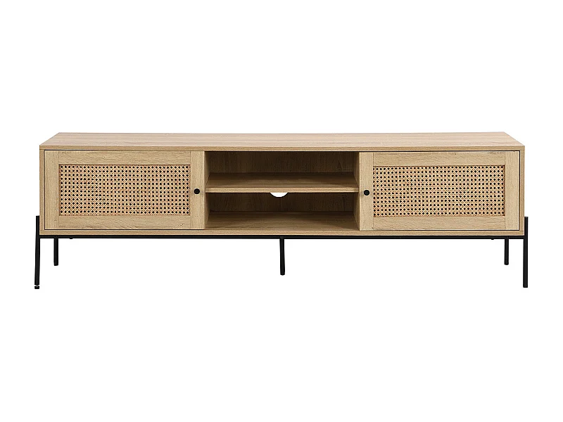 Meuble TV 2 portes en cannage naturel et effet chêne 160 cm - Iris