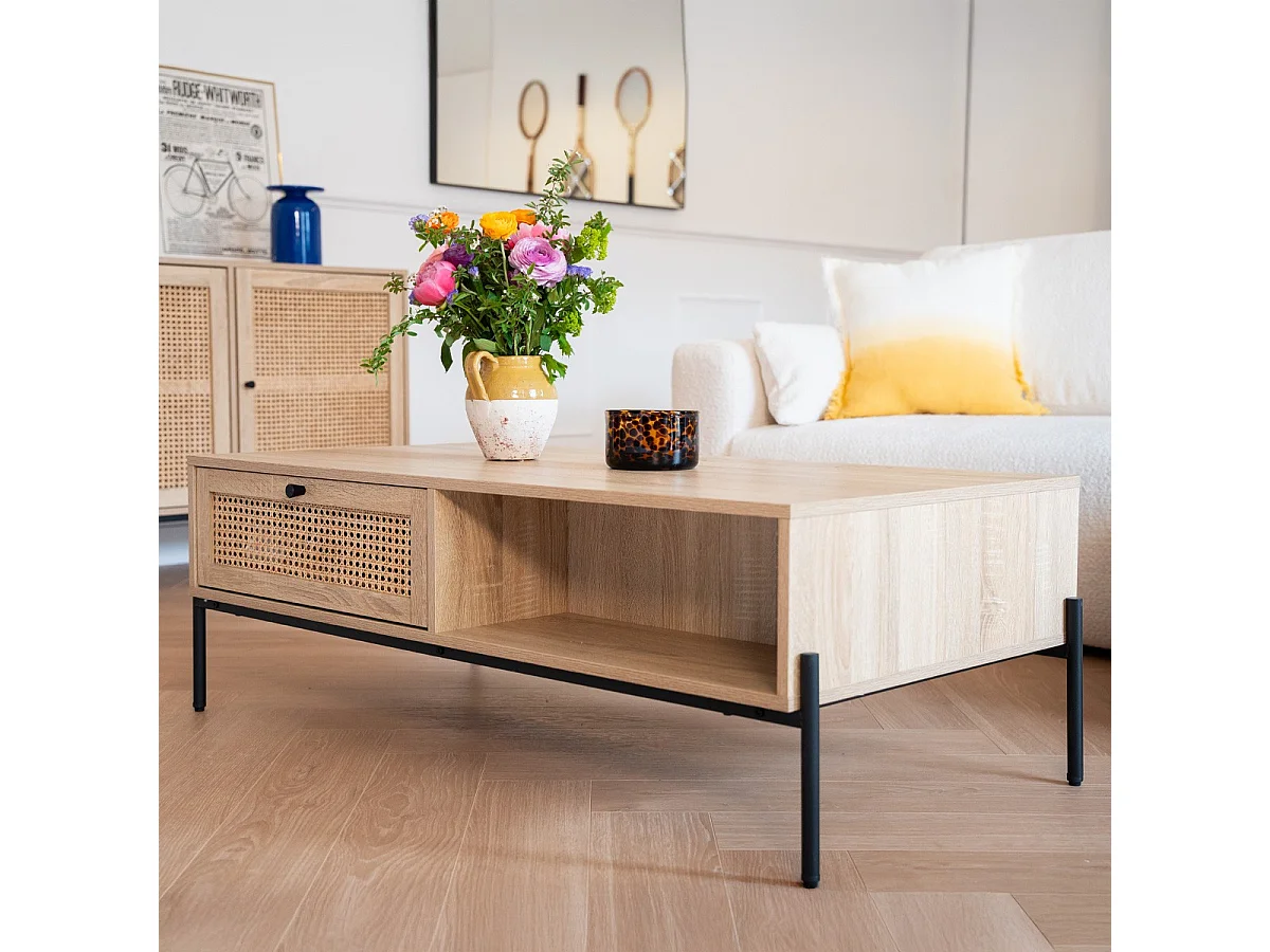 Table basse 1 tiroir en cannage naturel et effet chêne 115 cm - Iris
