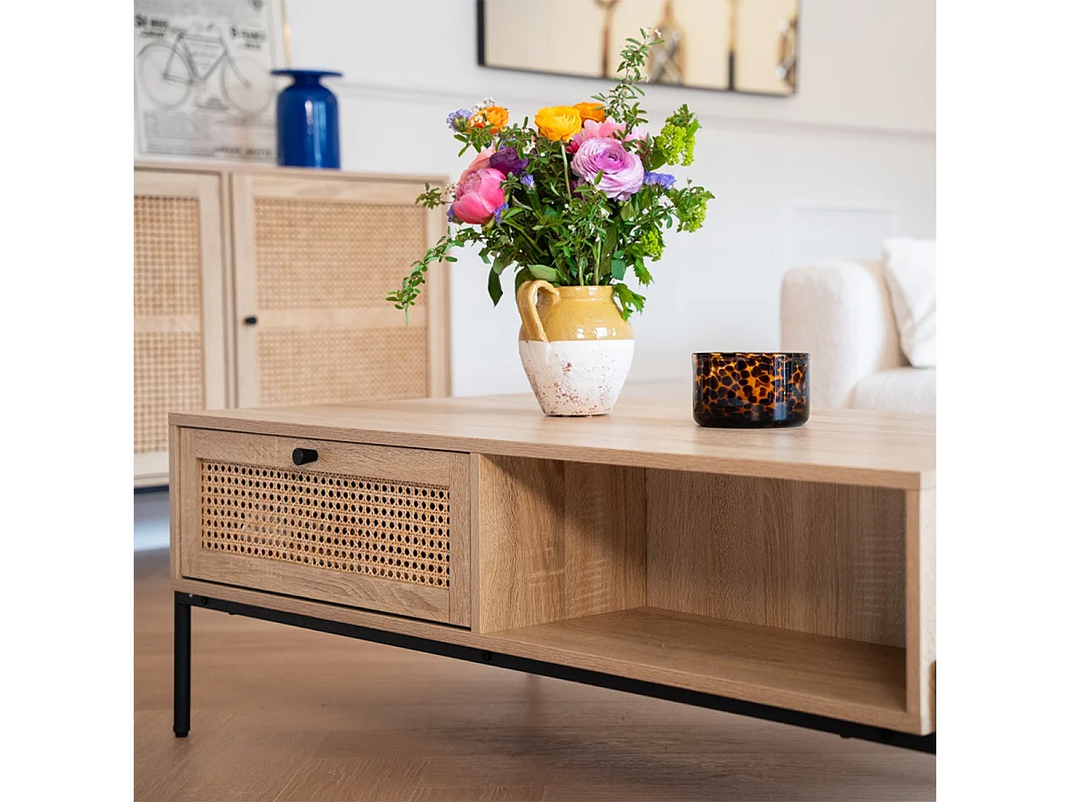 Table basse 1 tiroir en cannage naturel et effet chêne 115 cm - Iris
