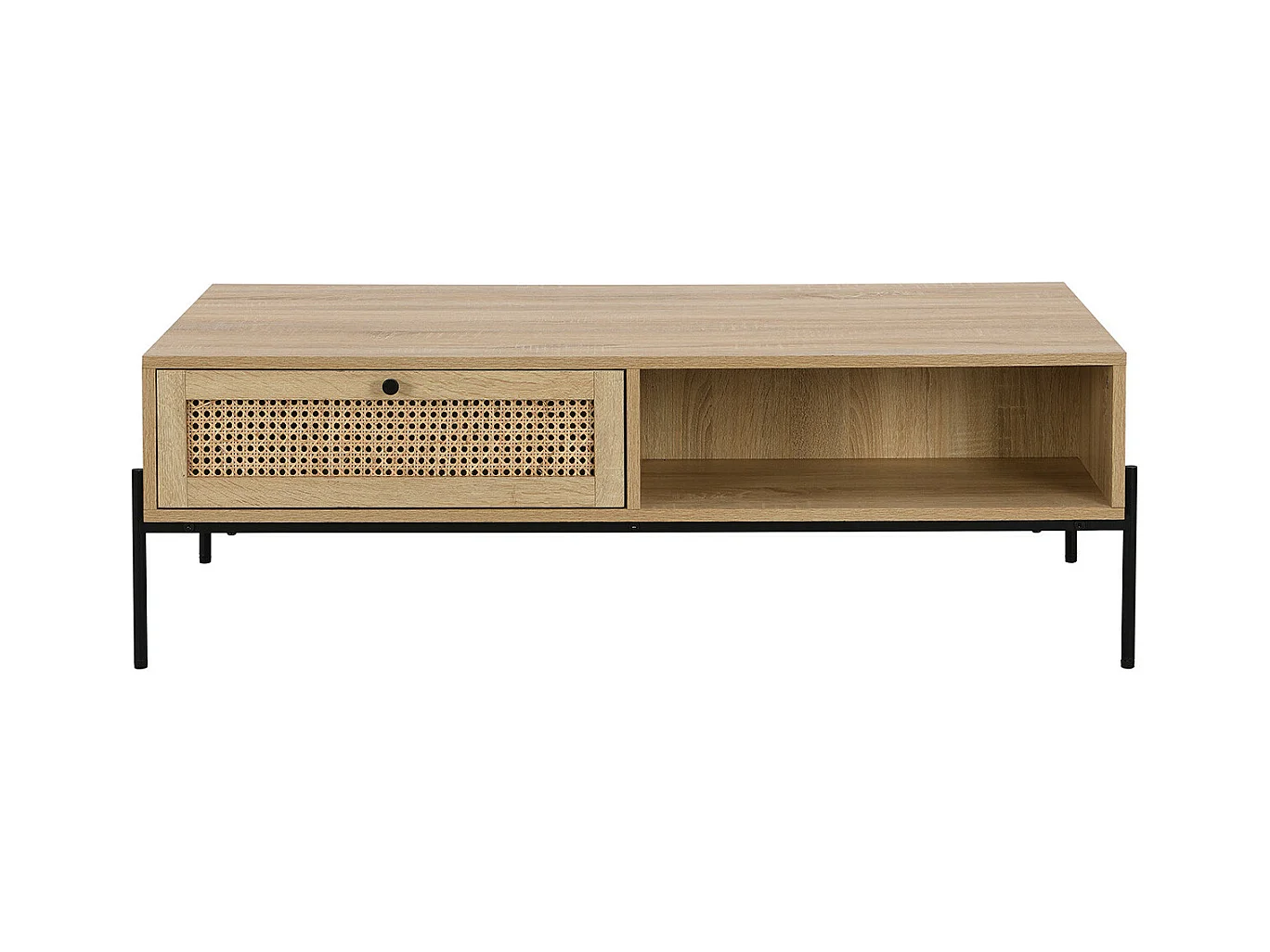 Table basse 1 tiroir en cannage naturel et effet chêne 115 cm - Iris