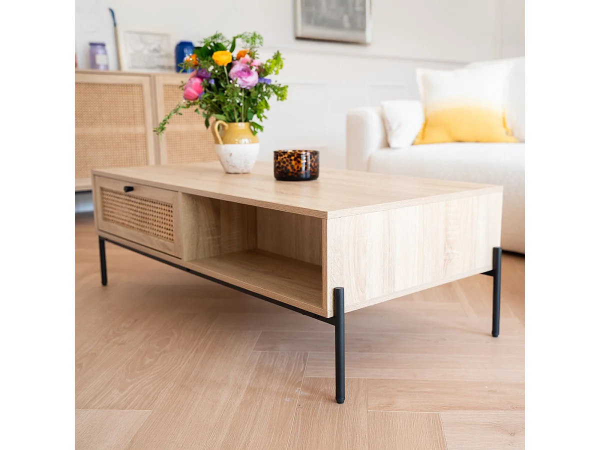 Table basse 1 tiroir en cannage naturel et effet chêne 115 cm - Iris