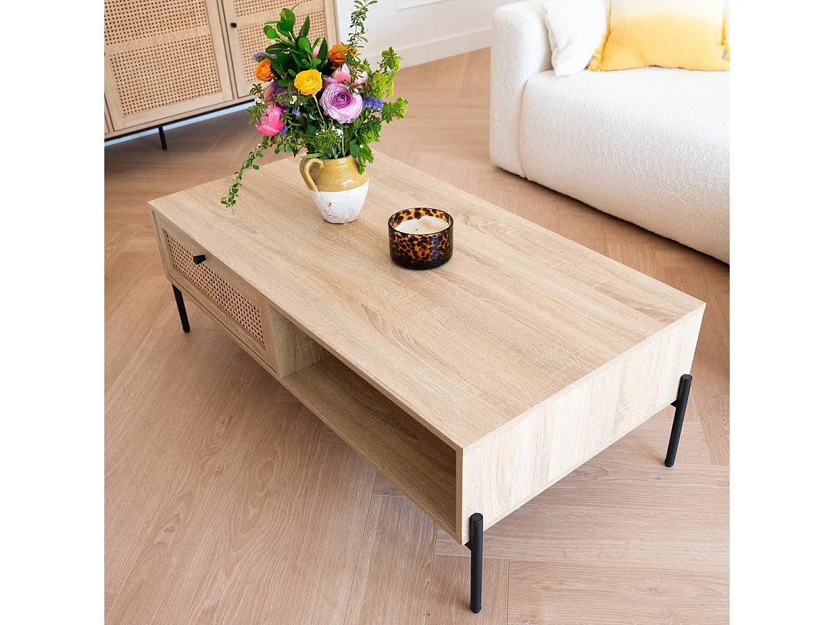 Table basse 1 tiroir en cannage naturel et effet chêne 115 cm - Iris