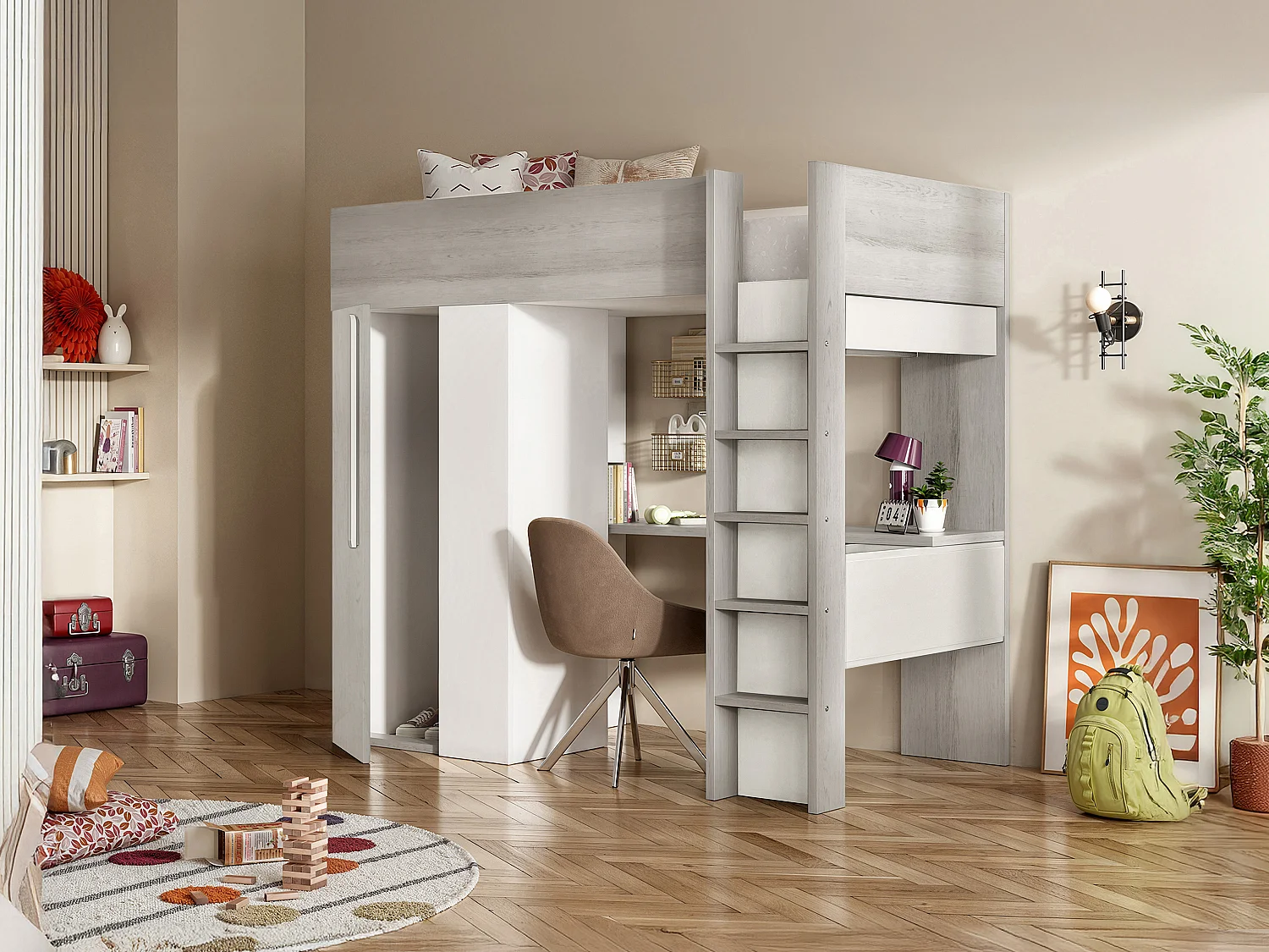 Letto a soppalco 90 x 200 cm con armadio e scrivania Naturale Grigio e Bianco + Materasso - NICOLAS