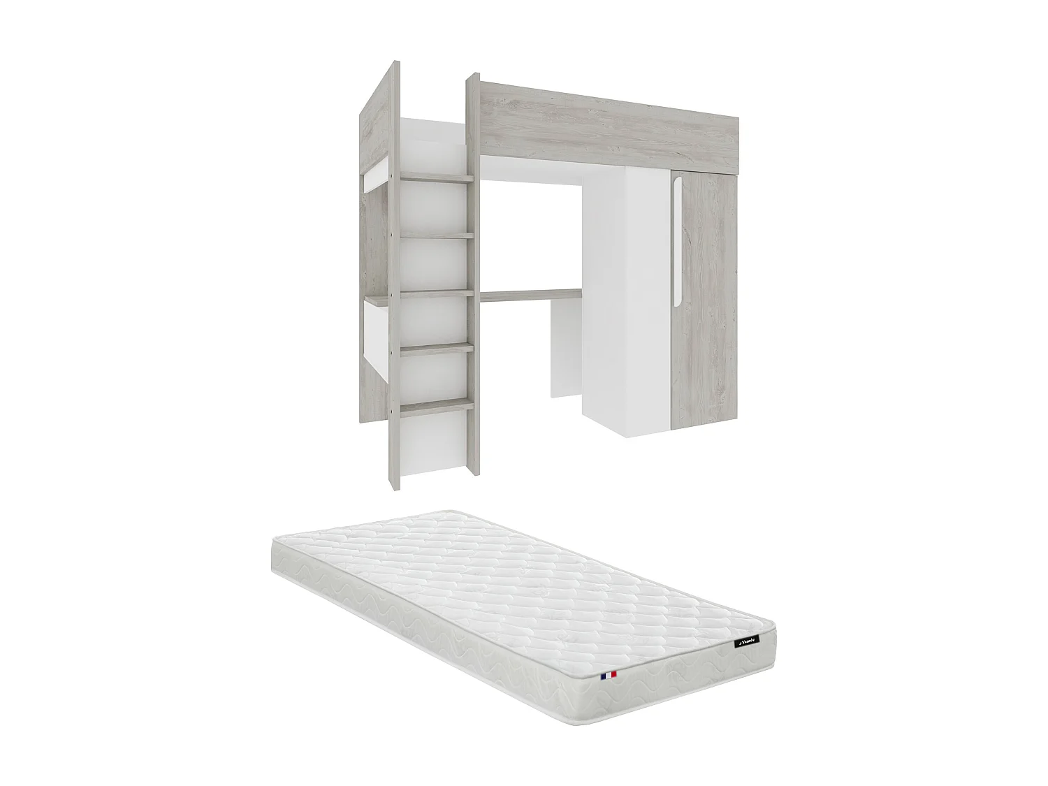 Letto a soppalco 90 x 200 cm con armadio e scrivania Naturale Grigio e Bianco + Materasso - NICOLAS