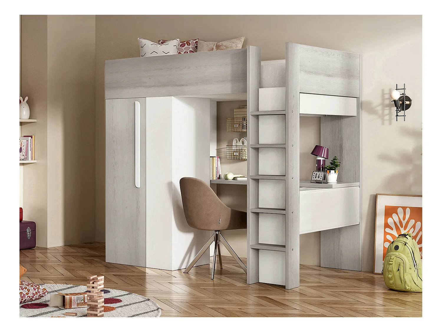 Lit mezzanine 90 x 200 cm avec armoire et bureau - Naturel grisé et blanc + Matelas - NICOLAS