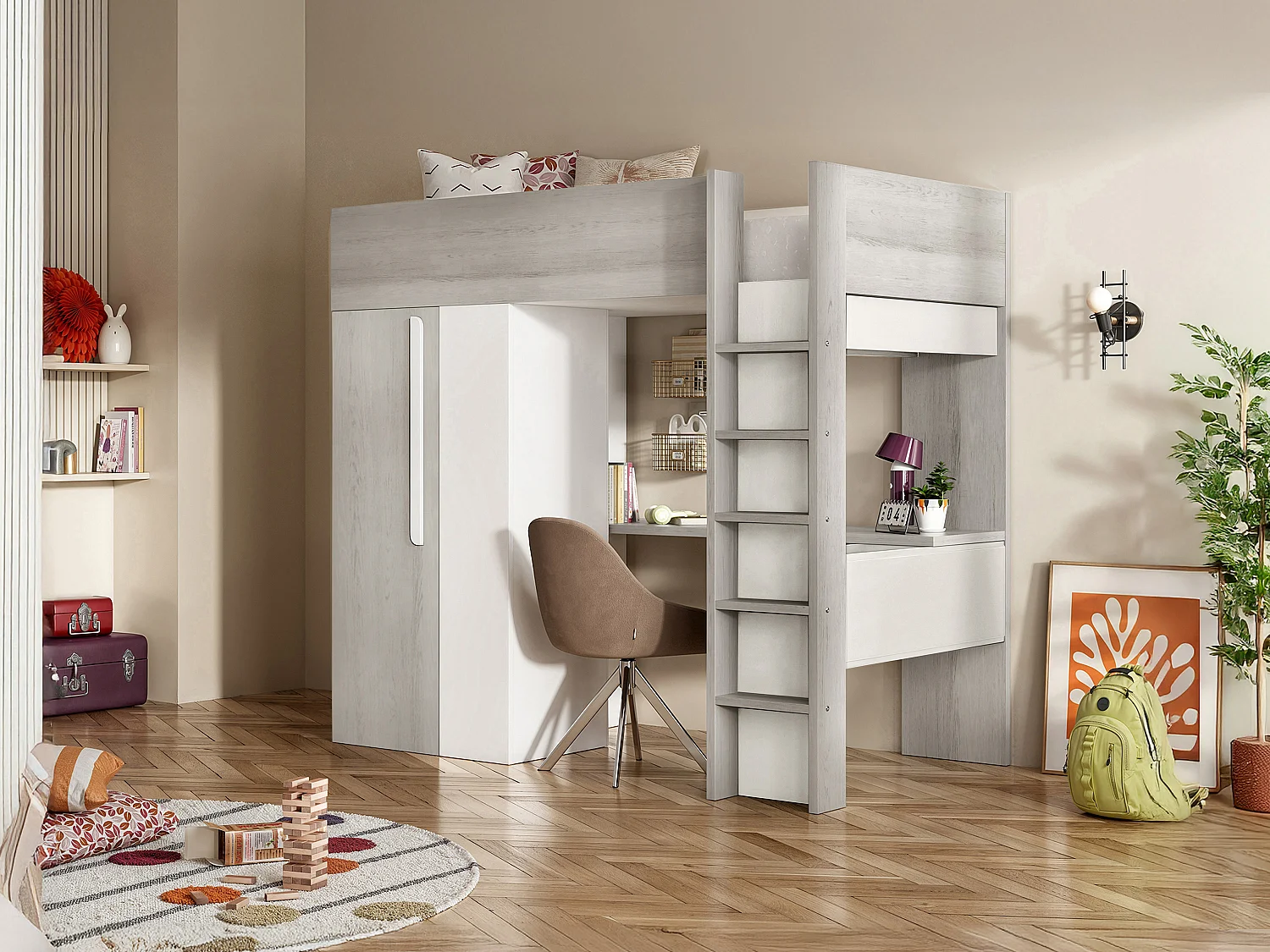 Letto a soppalco 90 x 200 cm con armadio e scrivania Naturale Grigio e Bianco + Materasso - NICOLAS