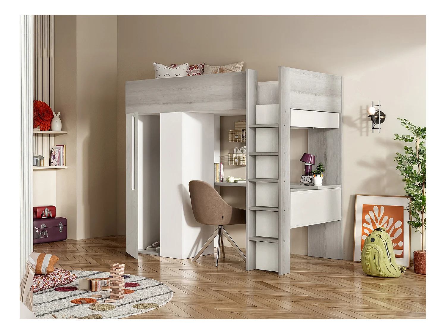 Hochbett mit Schreibtisch & Kleiderschrank + Matratze - 90 x 200 cm - Holzfarben Grau & Weiß - NICOLAS
