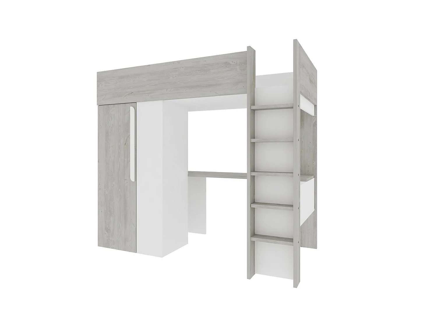 Hochbett mit Schreibtisch & Kleiderschrank + Matratze - 90 x 200 cm - Holzfarben Grau & Weiß - NICOLAS