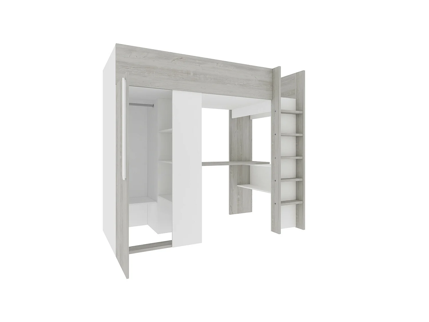 Hochbett mit Schreibtisch & Kleiderschrank + Matratze - 90 x 200 cm - Holzfarben Grau & Weiß - NICOLAS