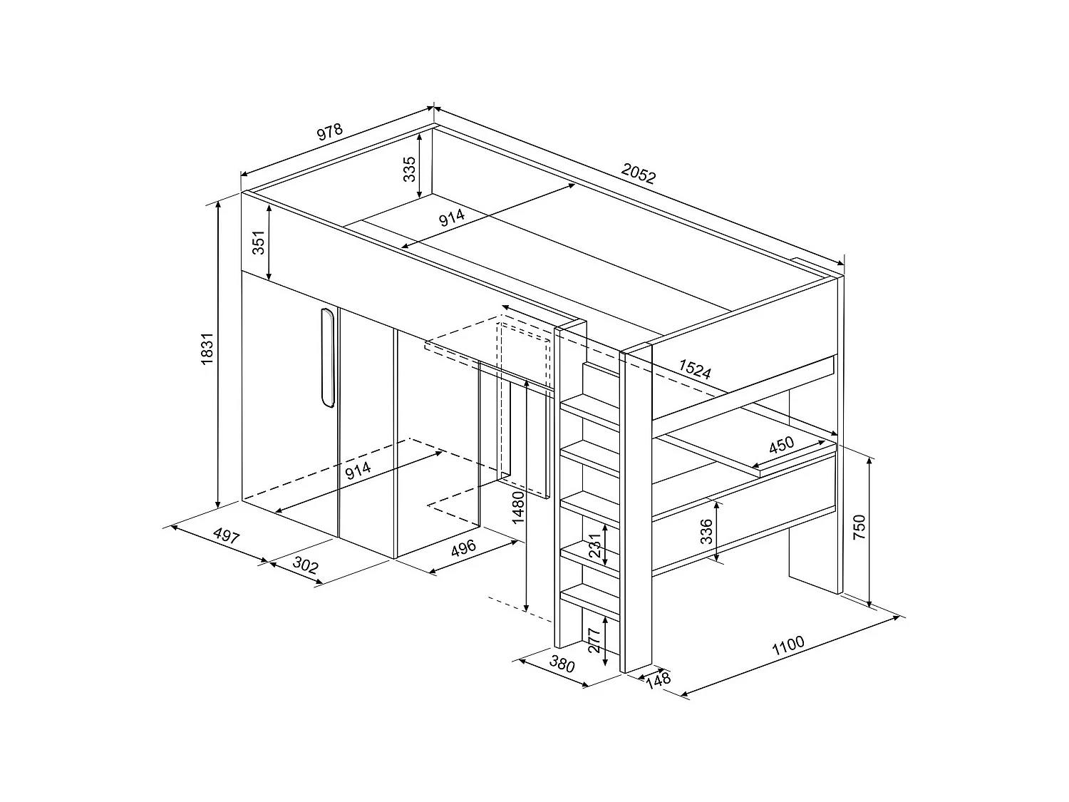 Hochbett mit Schreibtisch & Kleiderschrank + Matratze - 90 x 200 cm - Holzfarben Grau & Weiß - NICOLAS