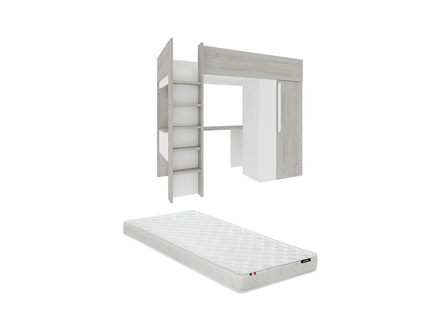 Hochbett mit Schreibtisch & Kleiderschrank + Matratze - 90 x 200 cm - Holzfarben Grau & Weiß - NICOLAS