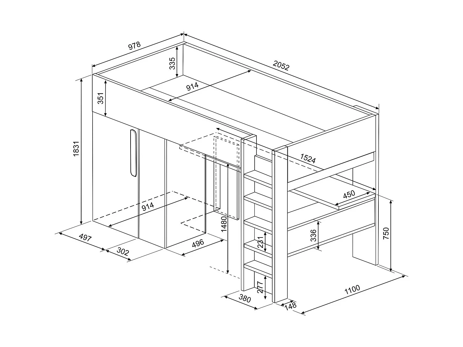 Hochbett mit Schreibtisch & Kleiderschrank + Matratze - 90 x 200 cm - Holzfarben Grau & Weiß - NICOLAS