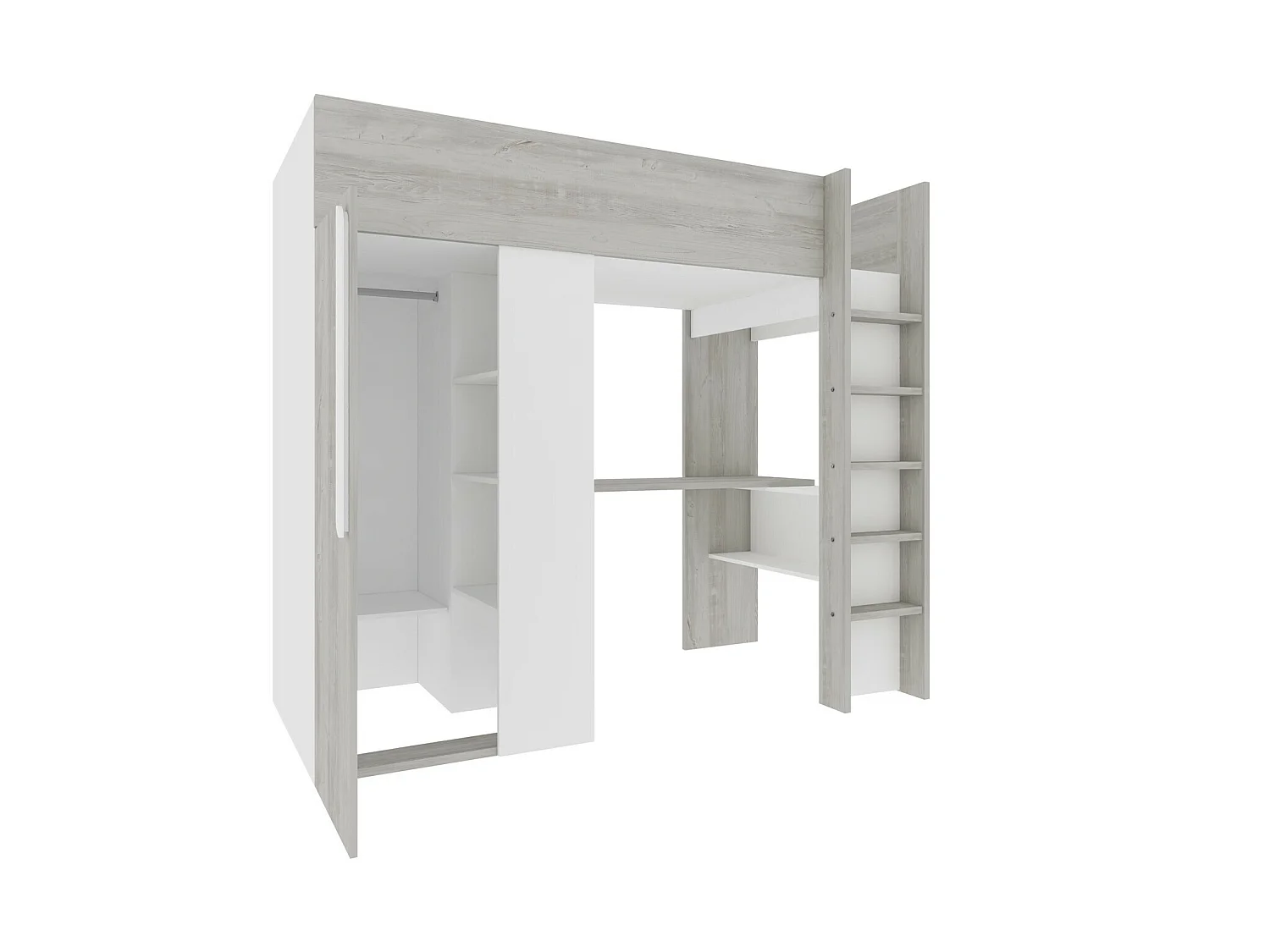 Hochbett mit Schreibtisch & Kleiderschrank + Matratze - 90 x 200 cm - Holzfarben Grau & Weiß - NICOLAS