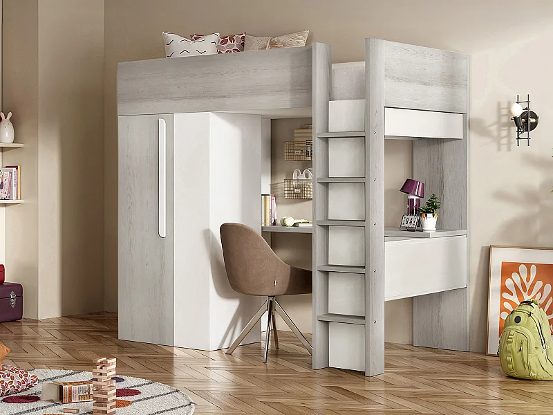 Lit mezzanine 90 x 200 cm avec armoire et bureau - Naturel grisé et blanc + Matelas - NICOLAS